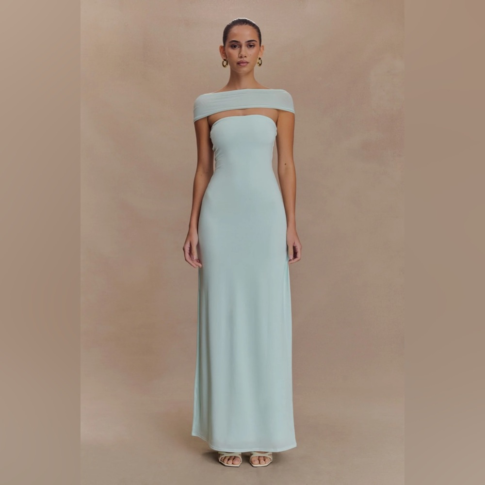Meshki Aurora Slinky and Mesh Split Maxi Dress in Lagoon